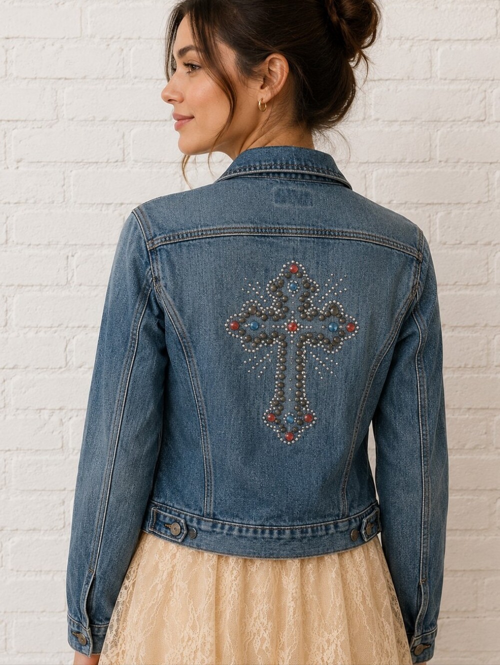 Vtg BIT & BRIDLE Cowboy Core Western Denim Bedazzled Cross Jean Jacket